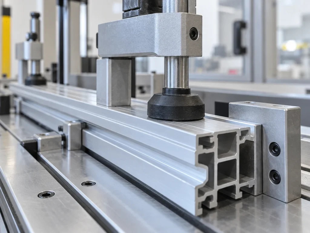 Black vertical clamp pad contacting the top of a hollow aluminum profile beside metal locating blocks.