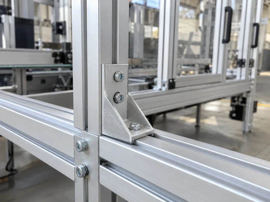 Angled bracket with bolts connecting an upright profile to a horizontal frame member
