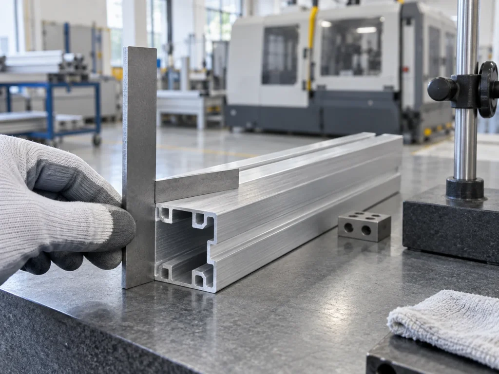 A gloved hand holds a metal square beside the end of a slotted aluminum extrusion.