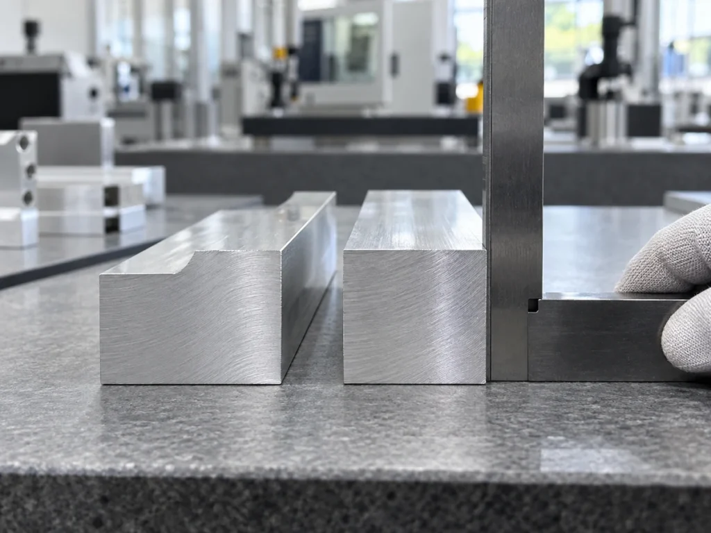 A gloved hand holds a square beside two aluminum sections with their end faces visible.