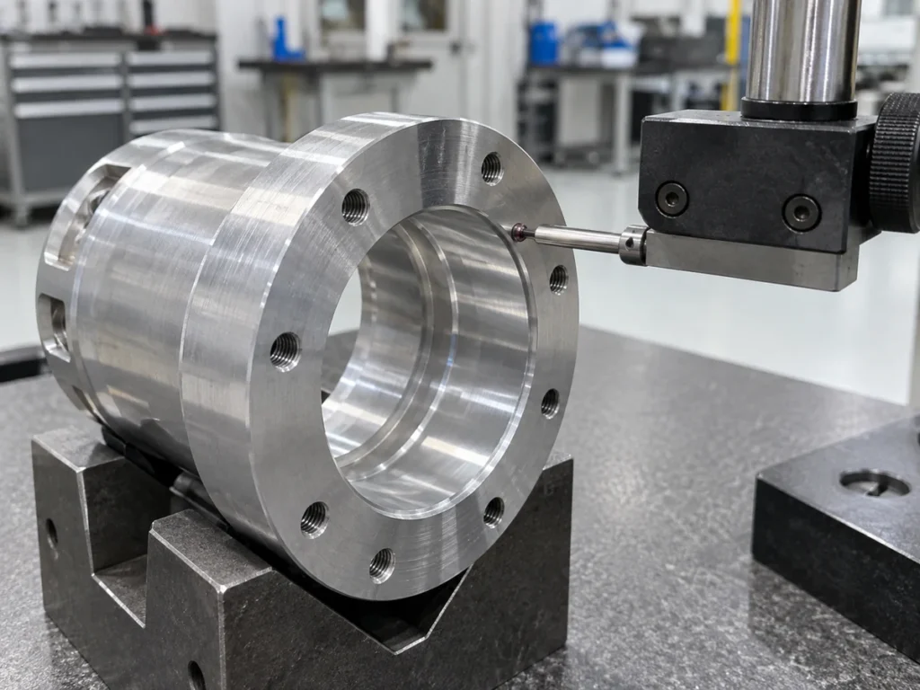 Machined cylindrical aluminum component supported on a V-block, with threaded holes around its face and a ball-tip probe beside the inner opening.