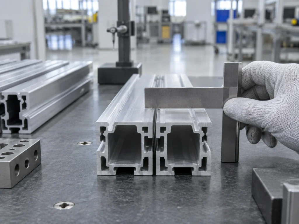 A gloved hand holds a metal square across two hollow slotted aluminum profiles with their open ends facing forward on a bench.