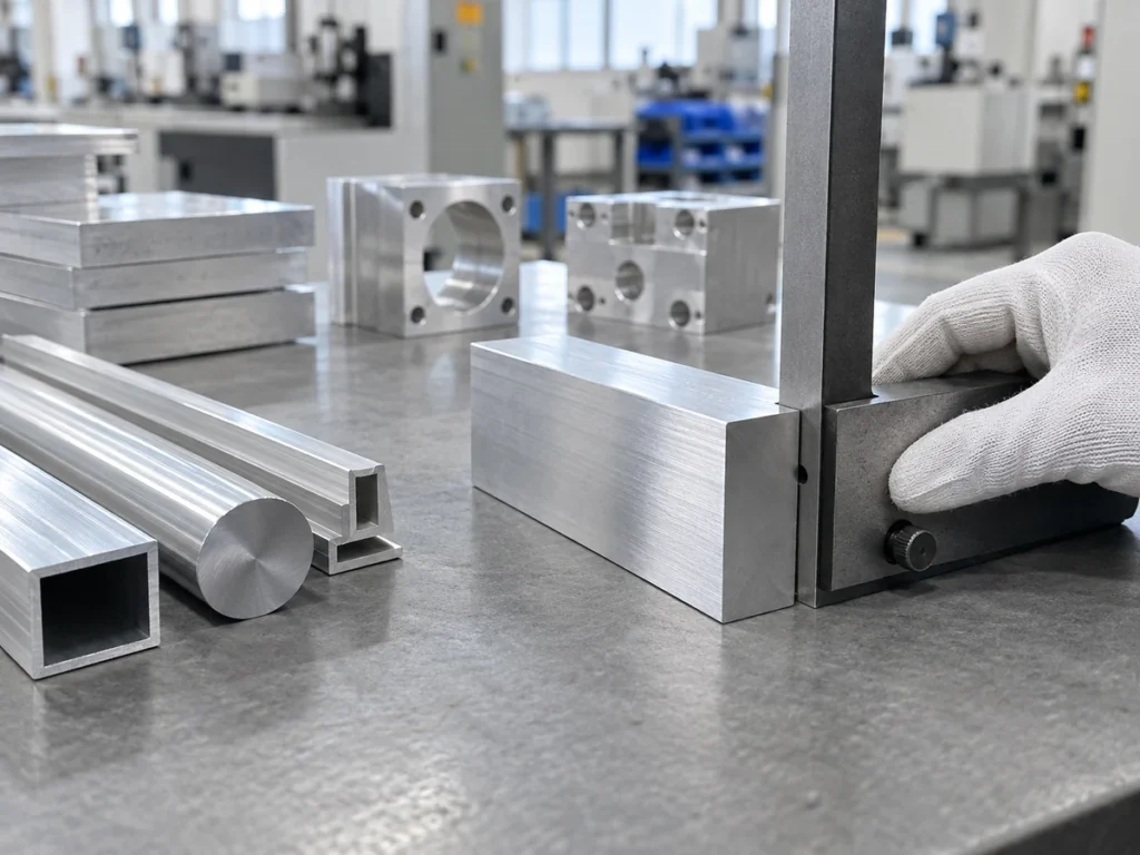 A gloved hand holds a metal square beside an aluminum rectangular block, with a round bar and hollow profiles nearby.