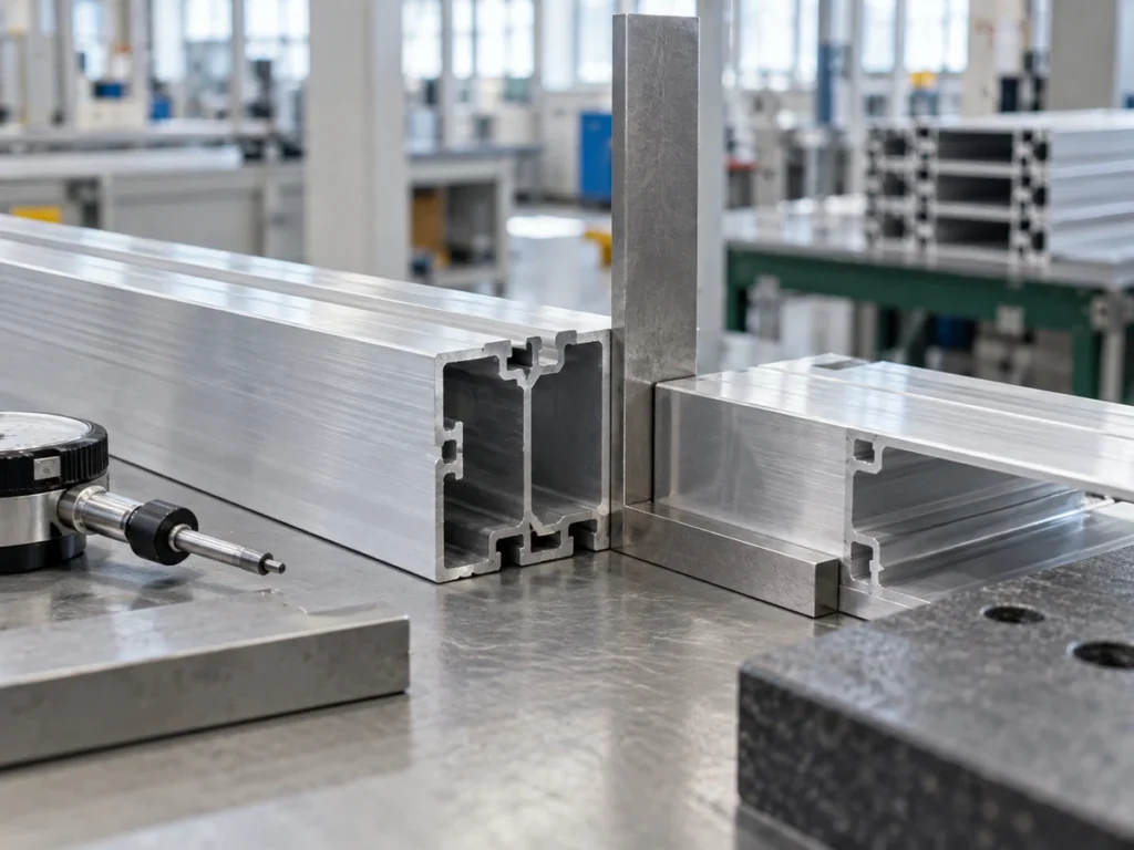 Aluminum profile ends beside a vertical steel reference and a dial indicator on a bench.