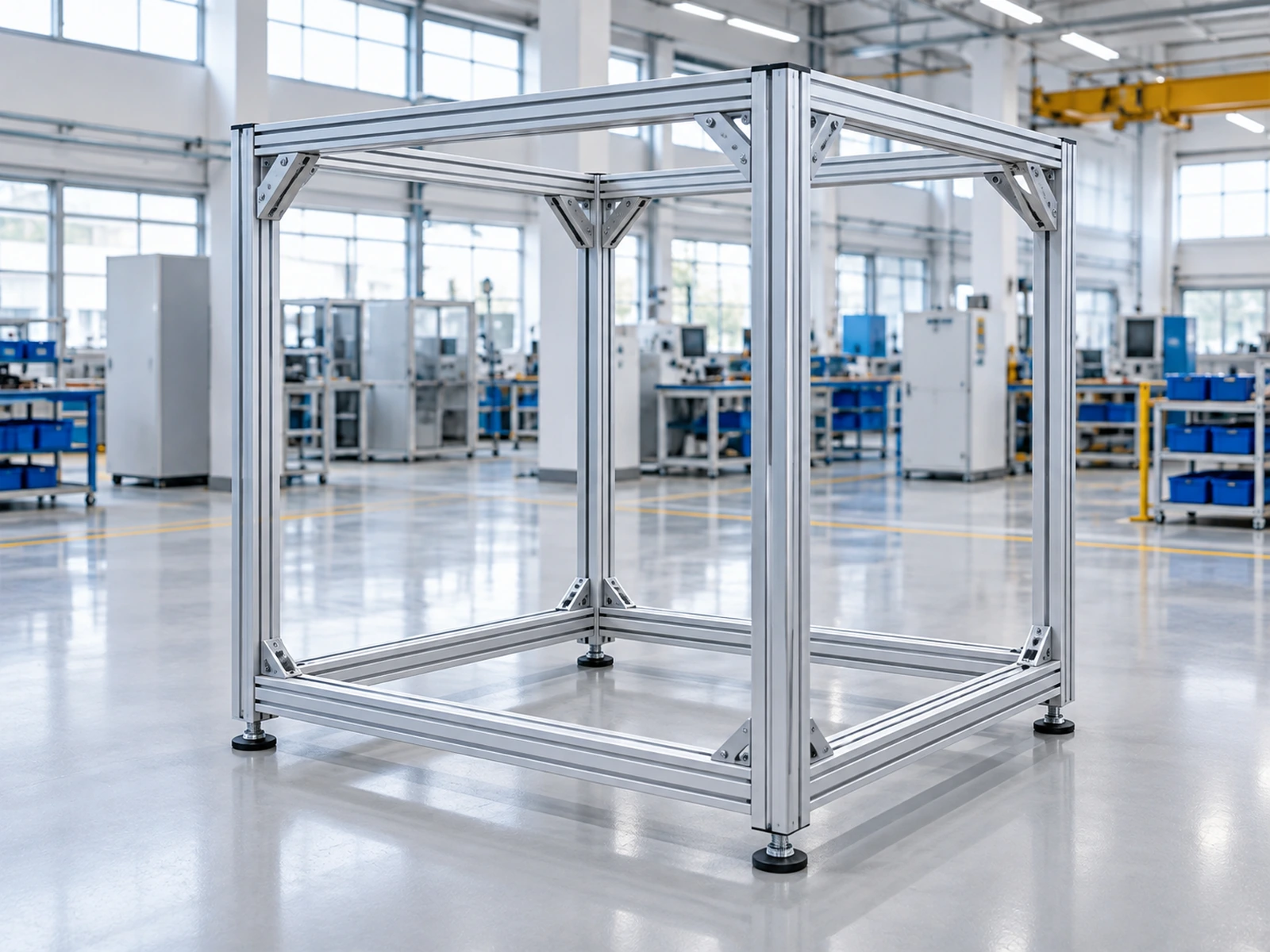 Modular aluminum equipment frame with visible corner brackets and T-slot members
