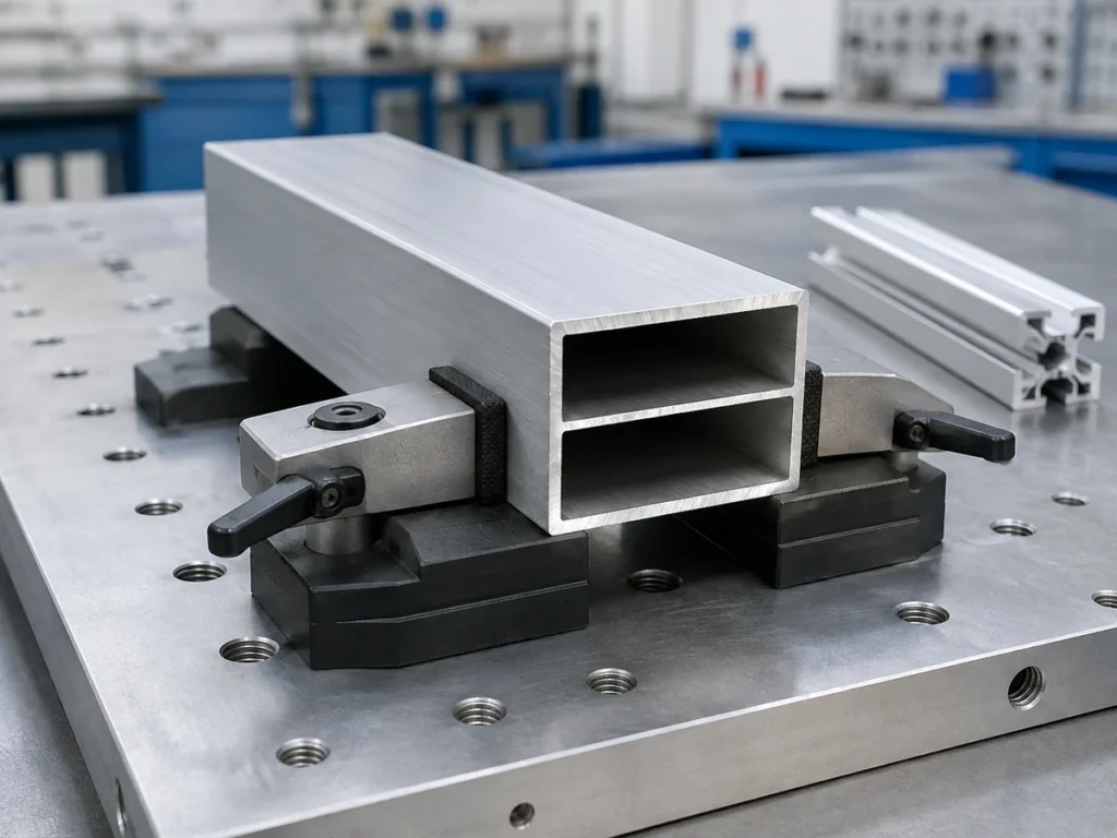 Hollow aluminum extrusion resting on support blocks with padded side clamps.