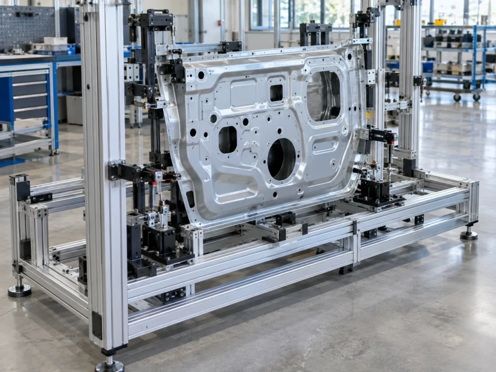 Aluminum profile fixture frame holding a stamped metal panel with locating and clamping components.