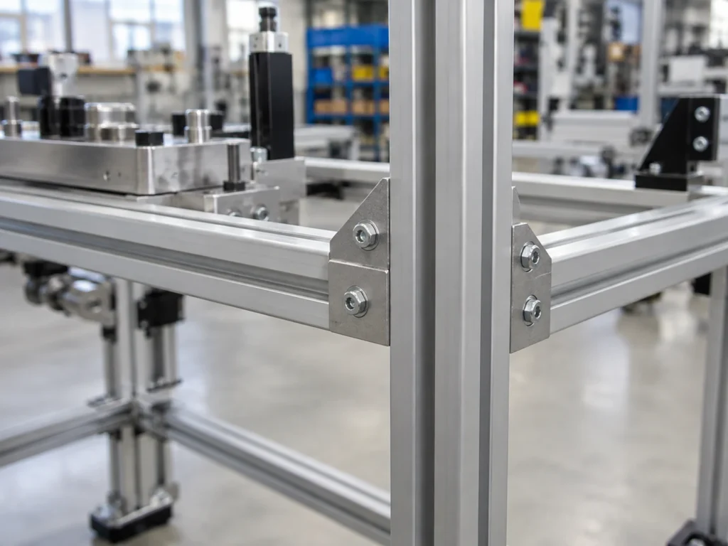 Aluminum profile frame junction with two triangular brackets attached to an upright.