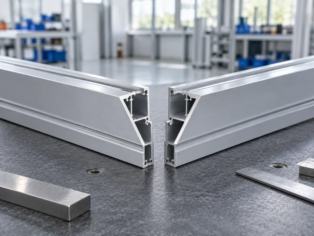 Two separate hollow aluminum extrusion members with angled ends arranged on a workshop table.