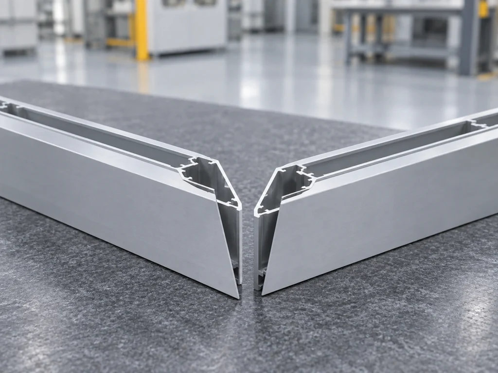 Two hollow aluminum extrusion members with mitered ends arranged near one another as a corner layout on a gray bench.