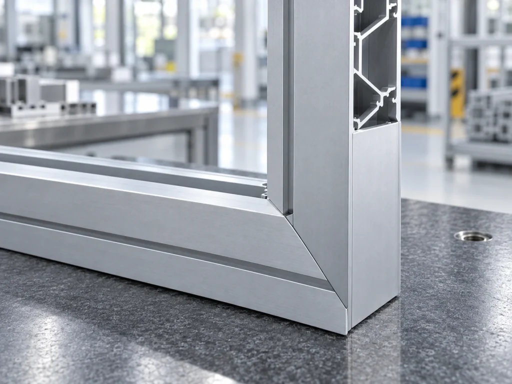 Close view of a mitered junction between horizontal and upright hollow aluminum frame members.