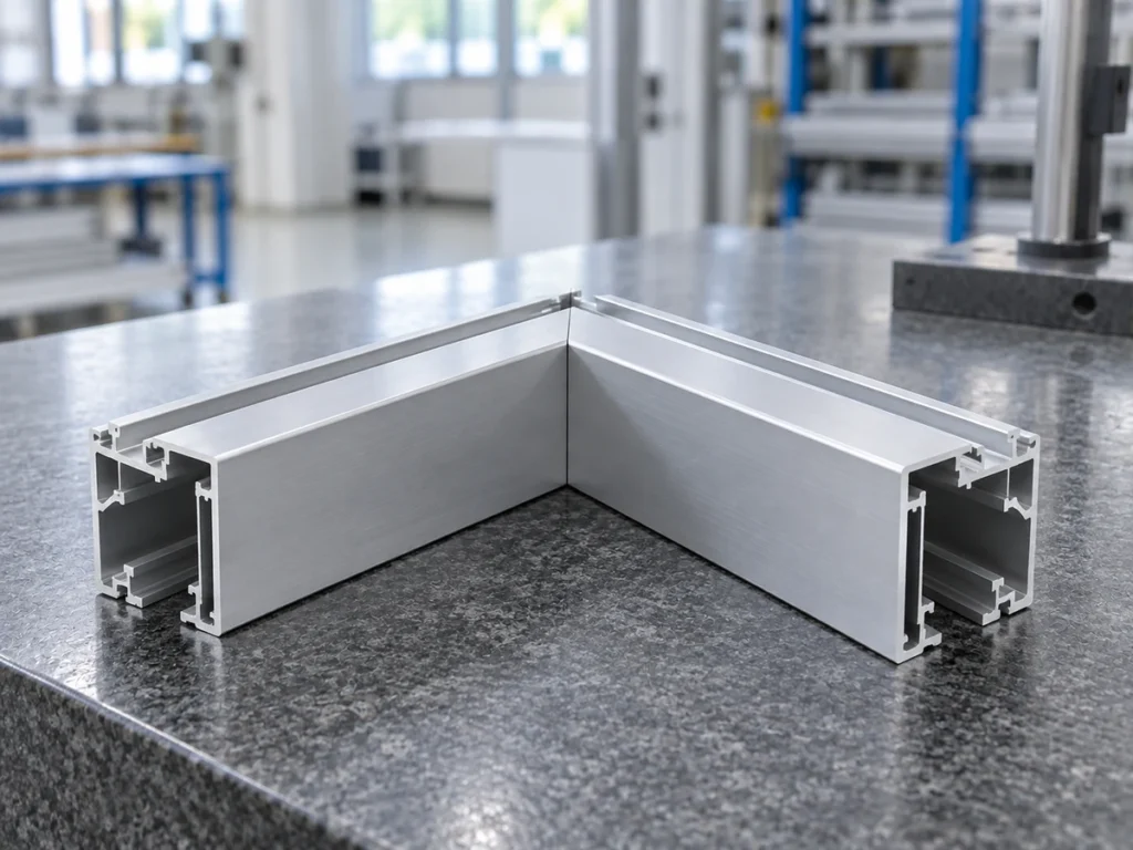 Two hollow slotted aluminum members positioned together in a corner arrangement, with their open section ends visible.