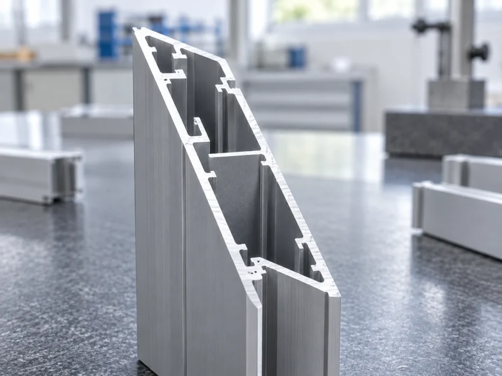Angled cut face of a hollow aluminum frame profile