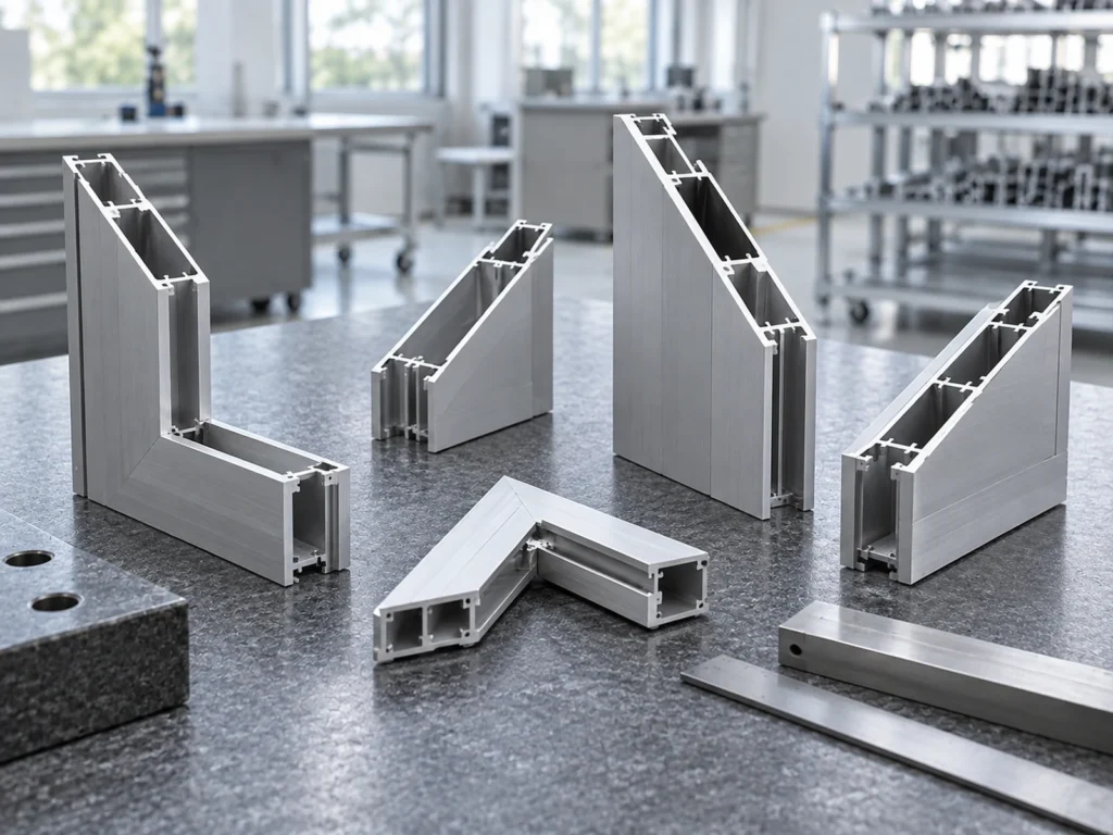 Several separate hollow aluminum profile members and corner arrangements displayed on a metal bench with their mitered ends visible.