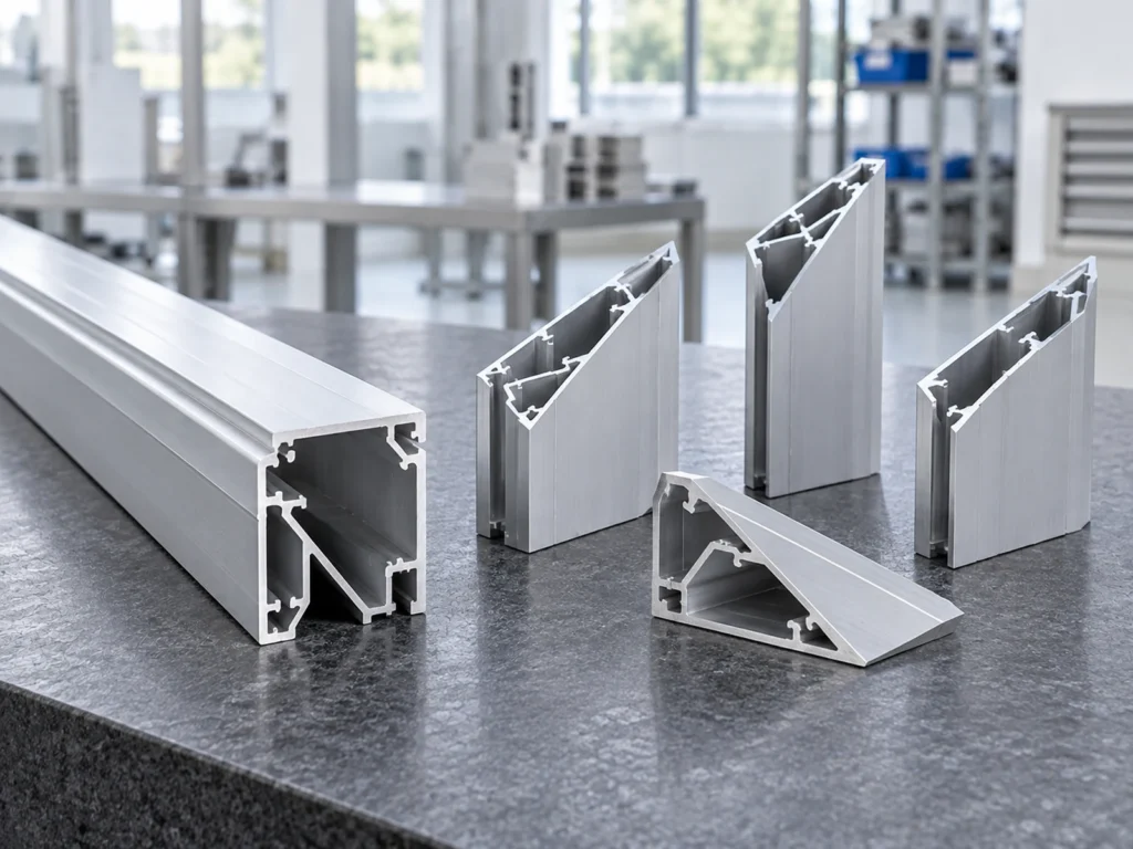 Long hollow aluminum extrusion beside several shorter samples with angled cut faces.