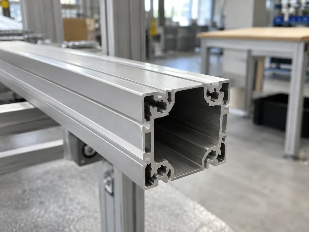 Close view of a hollow rectangular aluminum profile with exterior slots and internal corner features.