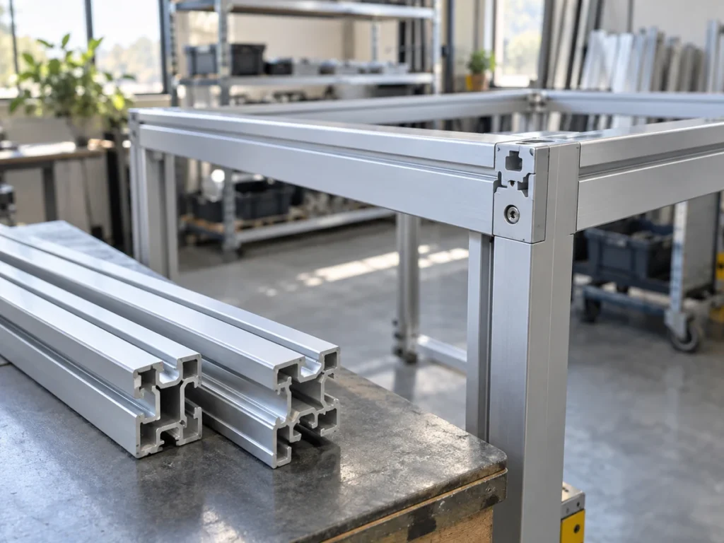 T-slot profile samples beside an assembled aluminum furniture frame
