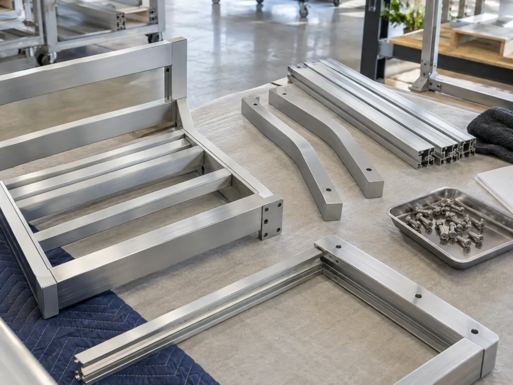 Partly assembled aluminum furniture frames, loose profiles, curved components and fasteners arranged on padded benches.