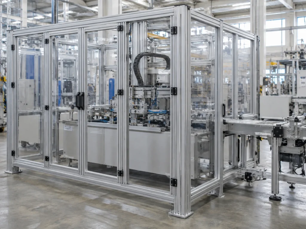 Aluminum machine guarding frames with clear panels and hinged access doors