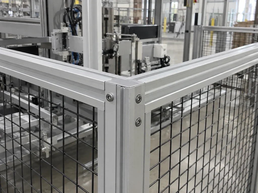 Aluminum frame corner connection beside wire mesh panels