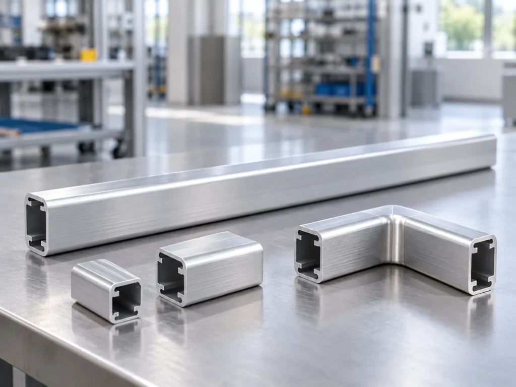 Straight handle-profile pieces beside an assembled right-angle section