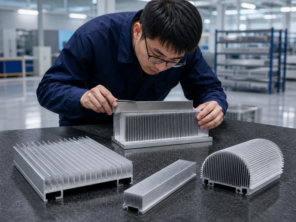 A person comparing a finned aluminum section with a straight metal rule