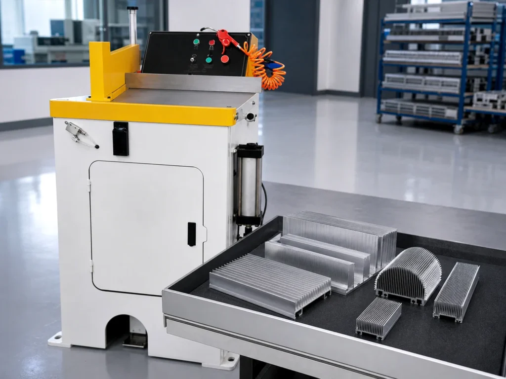 Finned sample sections on a table beside a cutting machine