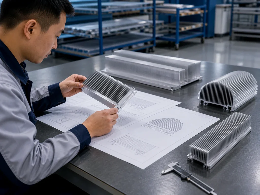 A person reviews aluminum heat sink samples beside a drawing