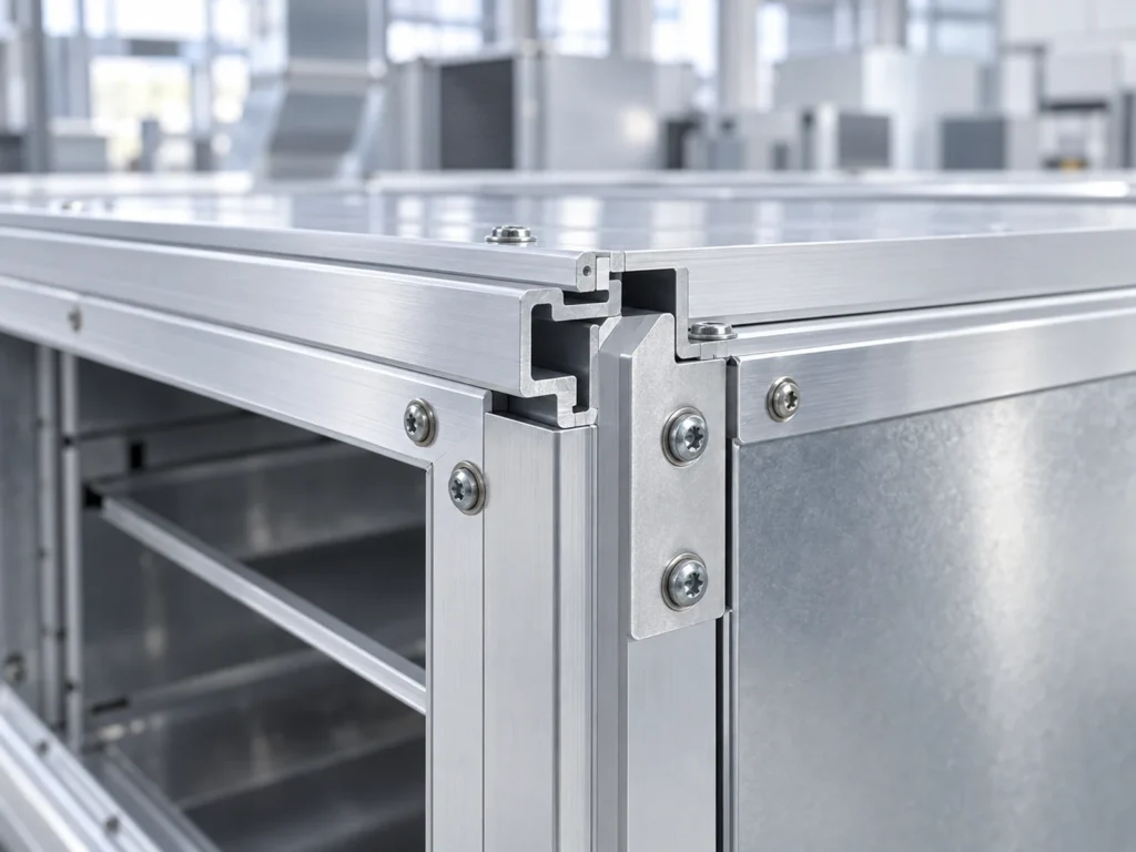 Frame corner showing an open profile end beside bolted panels