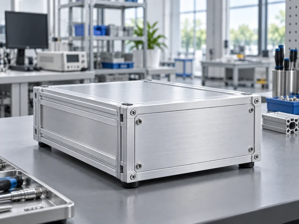 Metal enclosure with visible corner screws and a flat cover