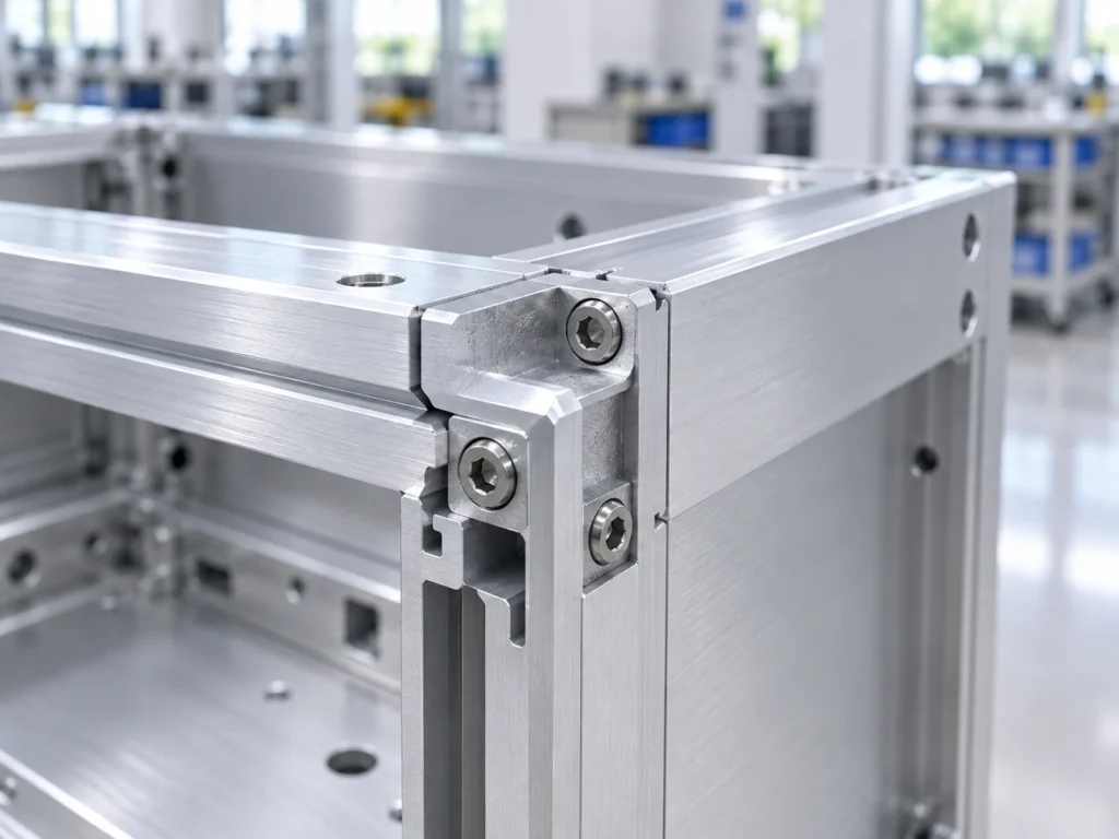 Bolted enclosure corner with screws and intersecting outer faces