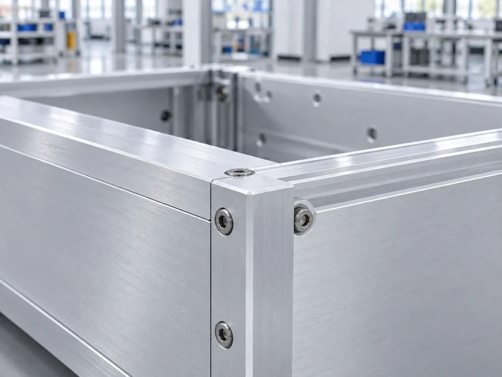 Metal enclosure corner showing panel faces, screws and edge interfaces