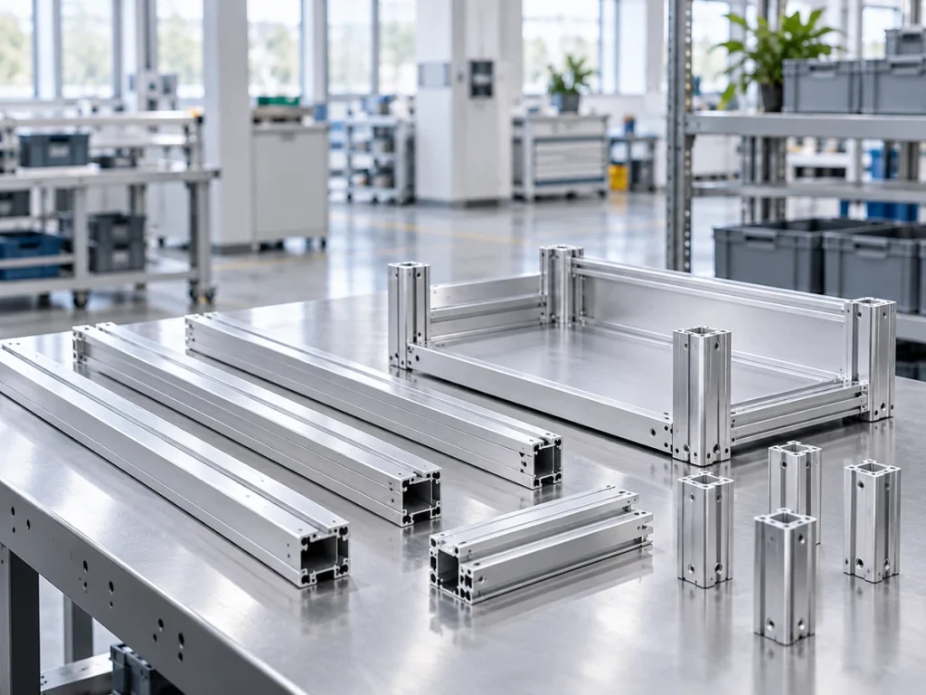Straight housing members and shorter components arranged beside an open enclosure