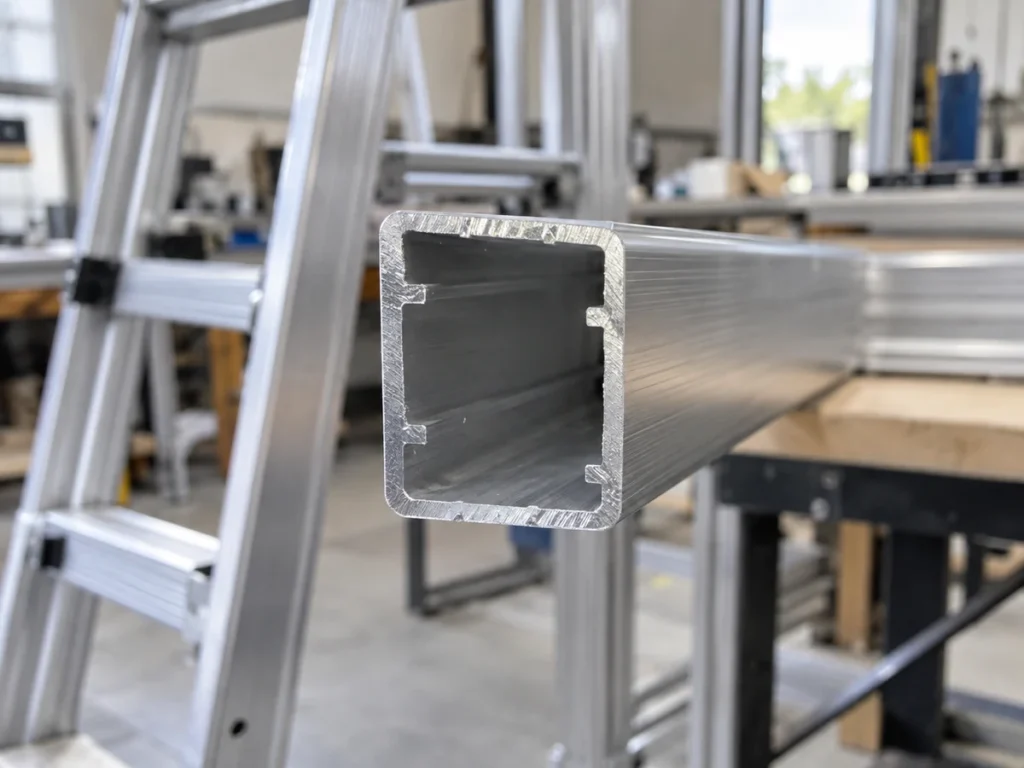 Close view of a rectangular hollow aluminum profile with internal ribs, with a ladder blurred in the background.