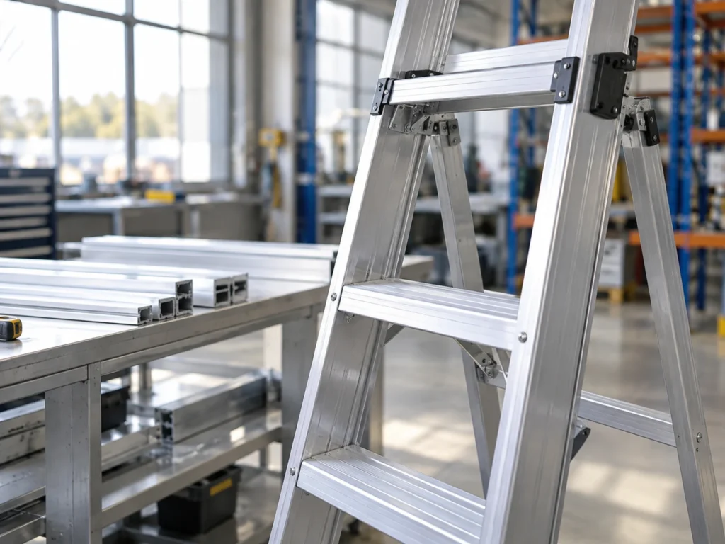 An aluminum stepladder with ribbed steps stands beside several hollow aluminum profiles on a workshop bench.