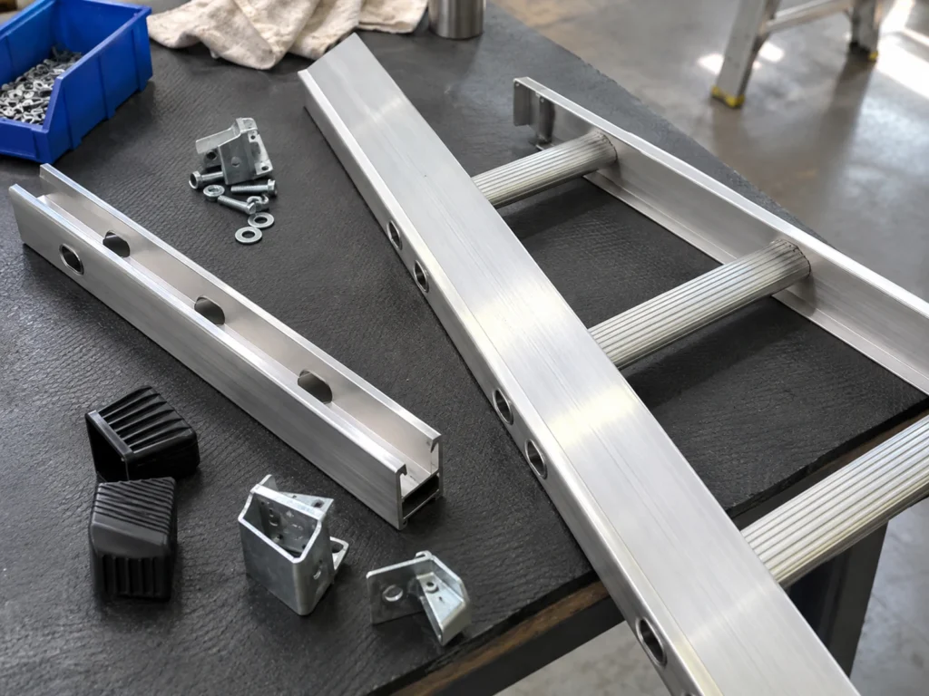 A short ladder section, separate rails, brackets, fasteners and black end pieces arranged on a bench.