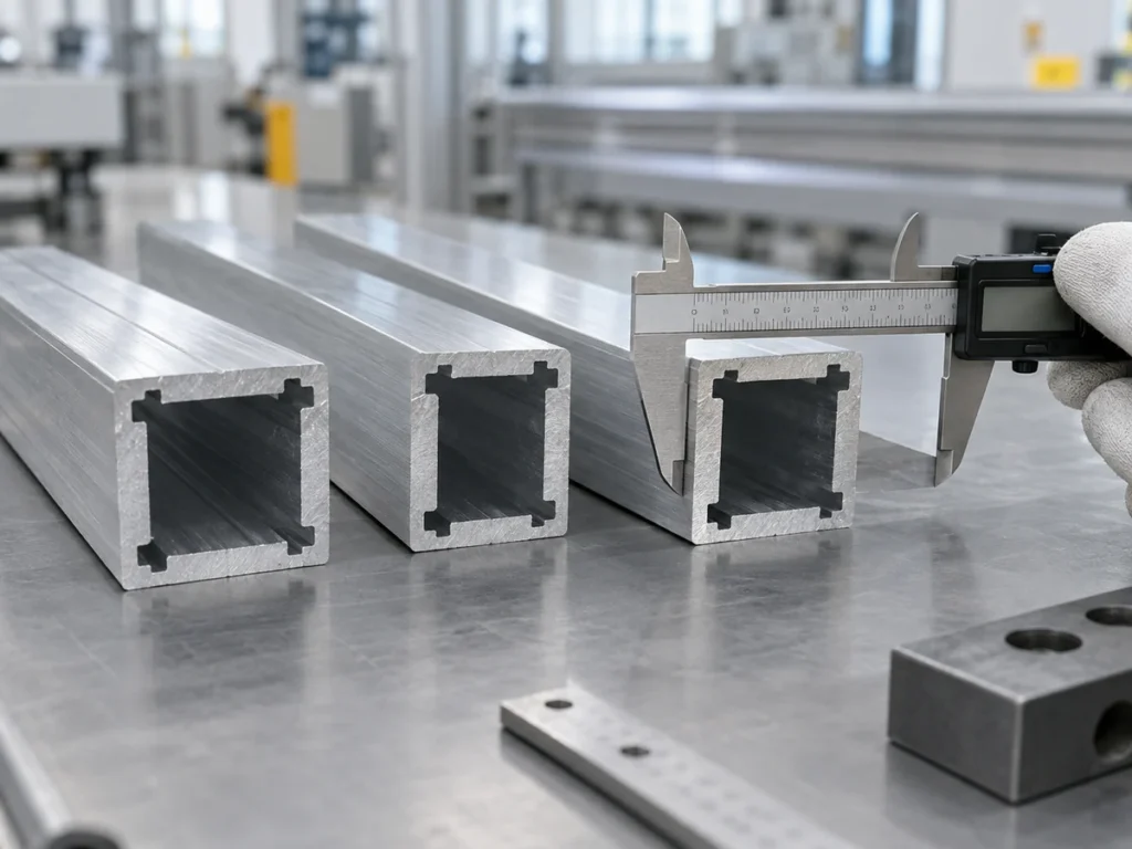 Cut ends of three aluminum extrusions beside a caliper