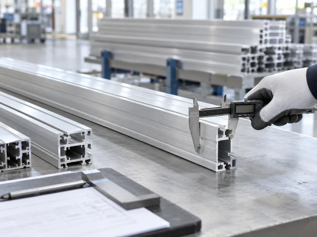 Gloved hand holding a digital caliper across an aluminum extrusion section on a metal bench, with a drawing sheet and pen in the foreground.