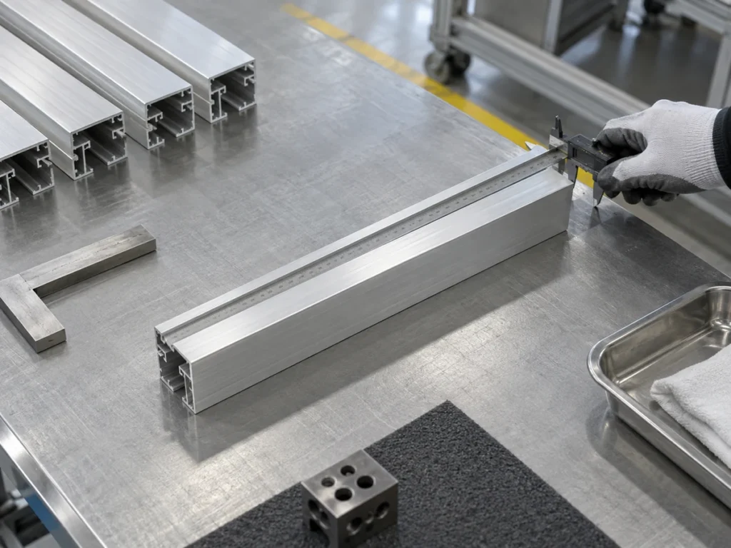 Gloved hand holding a digital caliper beside a straight aluminum extrusion, with similar profile ends, a metal square and a tray on the bench.