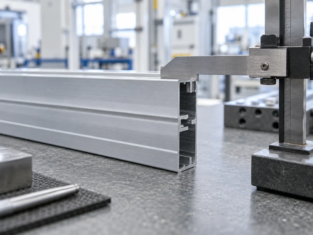 Aluminum profile section beside a height measuring tool