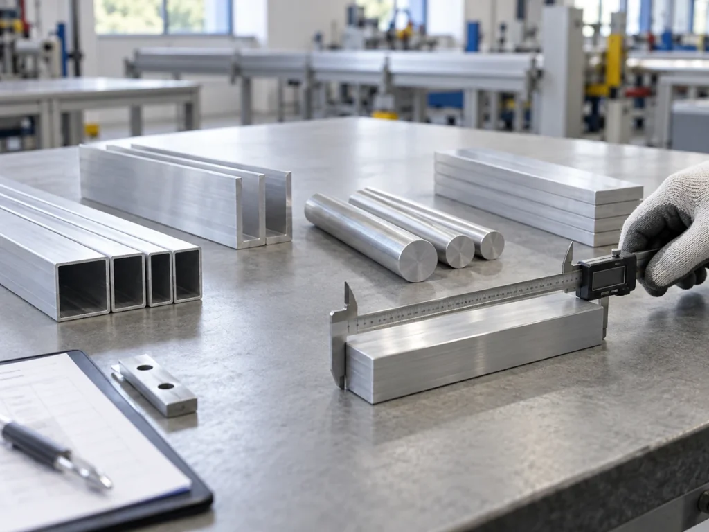 A gloved hand holds a digital caliper along an aluminum rectangular block on a bench beside tubes, channels and round bars.
