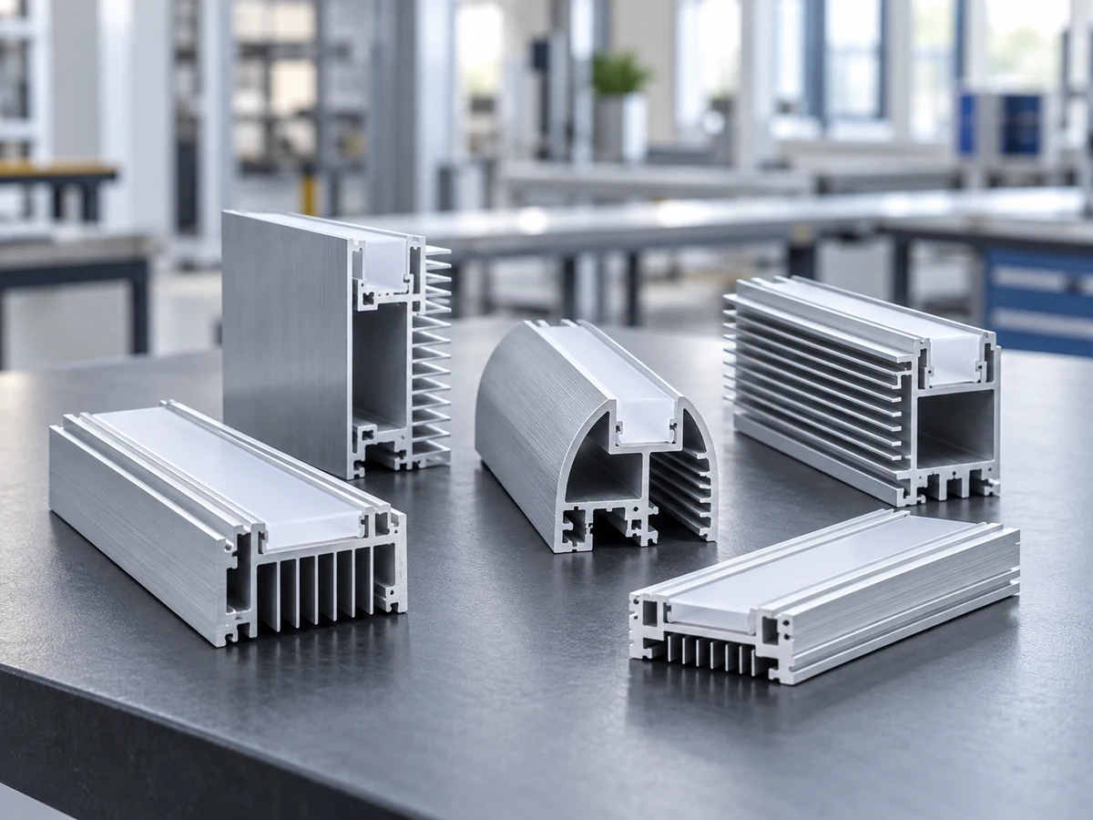 Aluminum lighting housing sections with fins, channels and hollow spaces visible at the ends