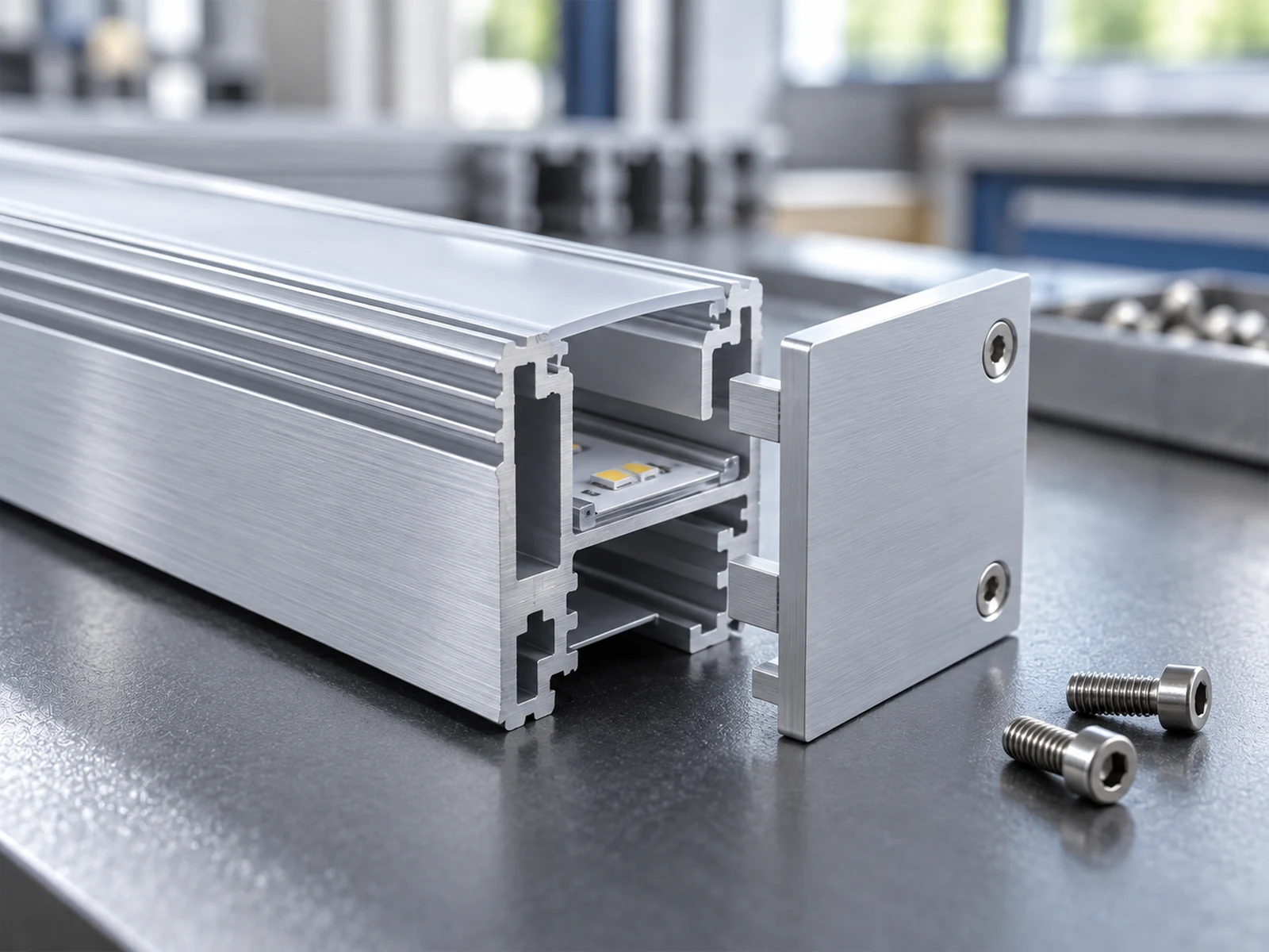 Illustrative aluminum lighting housing with an end plate and an internal LED board visible