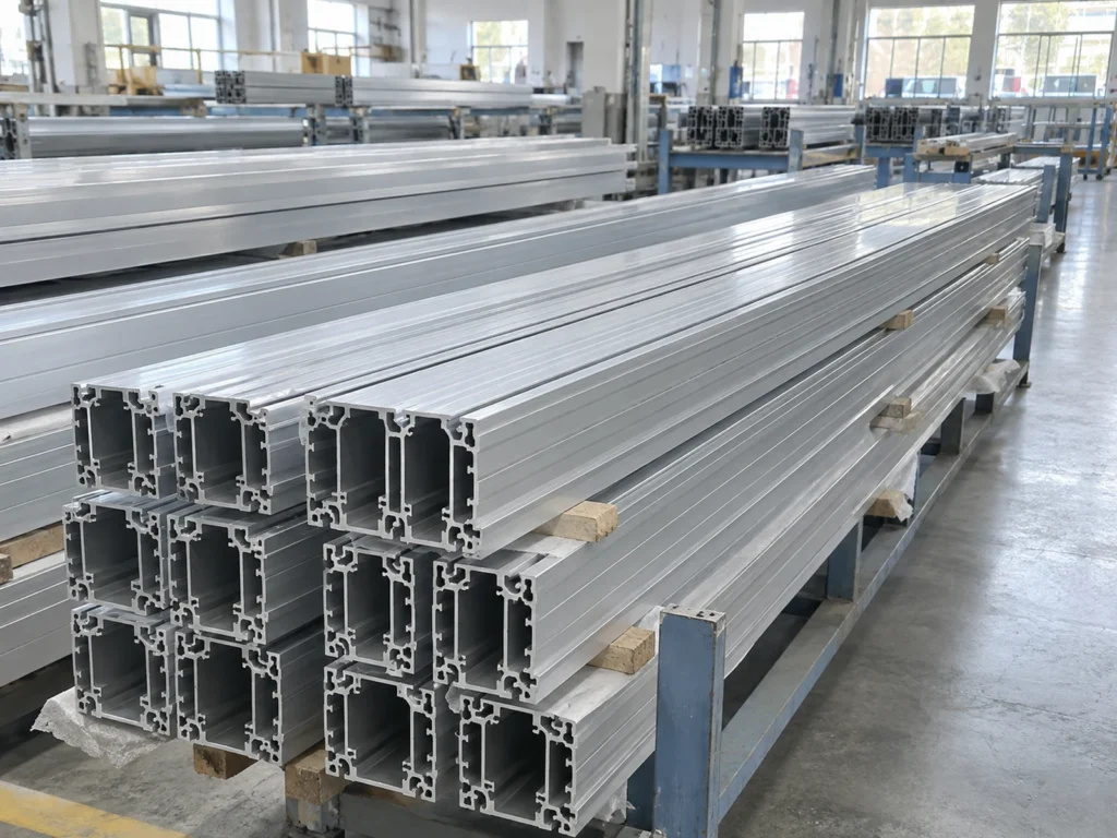 Long aluminum profiles staged with separators between layers
