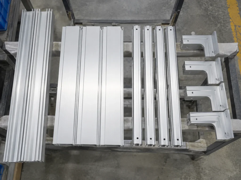 Overhead view of aluminum extrusions and machined brackets arranged in separate groups on supports.