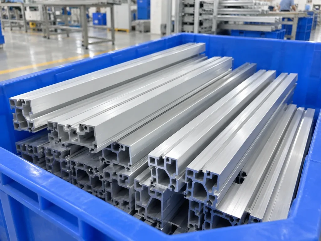 Slotted aluminum sections in a blue bin for an aluminum cutting in inches job-identification example.