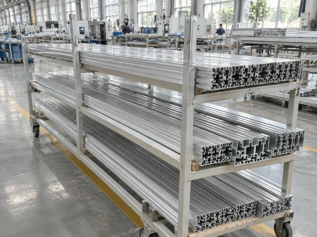 Aluminum extrusion straightness review context with long profiles on a handling rack