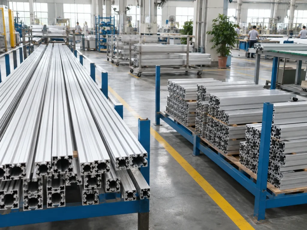 Different lengths of aluminum extrusion grouped on racks