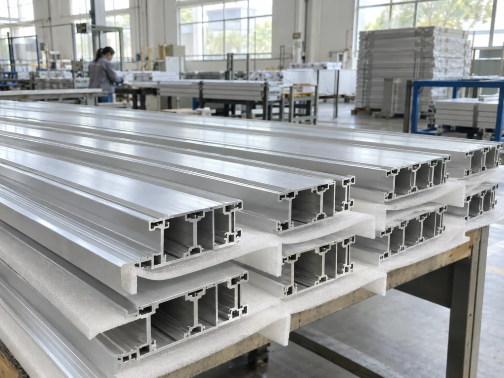 Long hollow aluminum extrusions stacked in layers with white foam separators on a workshop table.