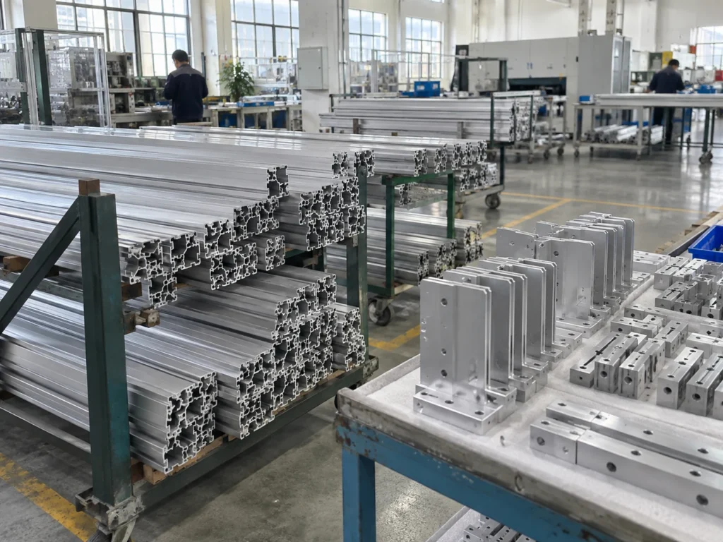 Long aluminum extrusions on racks beside machined aluminum pieces arranged on a workbench.